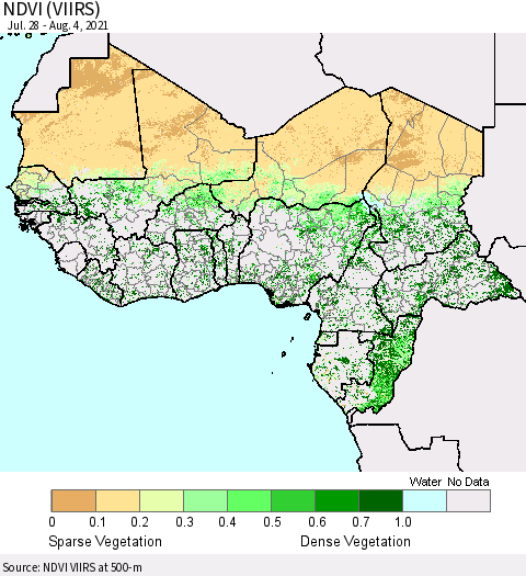 Western Africa NDVI (VIIRS) Thematic Map For 7/28/2021 - 8/4/2021