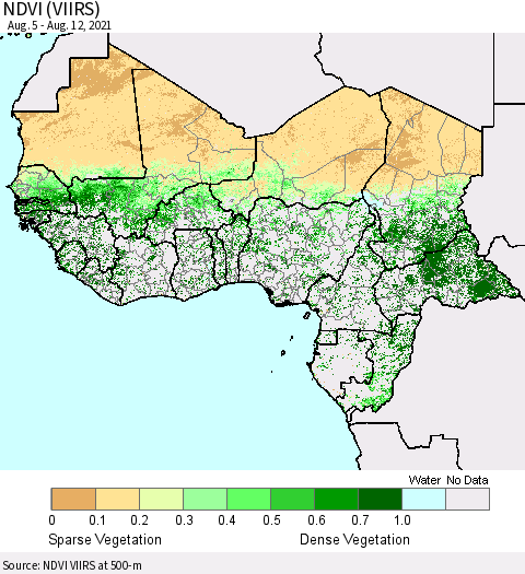 Western Africa NDVI (VIIRS) Thematic Map For 8/5/2021 - 8/12/2021