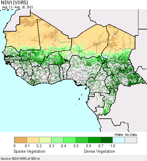 Western Africa NDVI (VIIRS) Thematic Map For 8/13/2021 - 8/20/2021