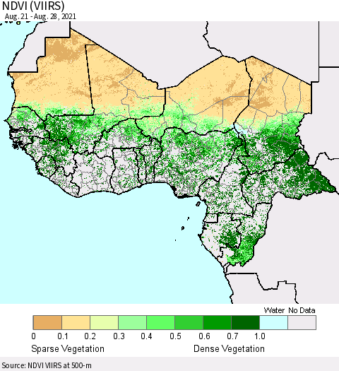 Western Africa NDVI (VIIRS) Thematic Map For 8/21/2021 - 8/28/2021