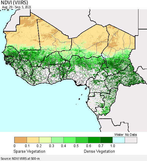 Western Africa NDVI (VIIRS) Thematic Map For 8/29/2021 - 9/5/2021