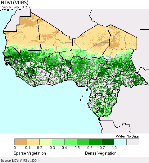 Western Africa NDVI (VIIRS) Thematic Map For 9/6/2021 - 9/13/2021