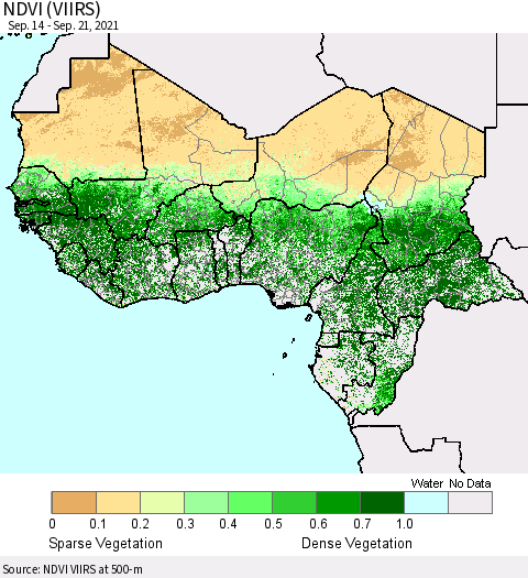 Western Africa NDVI (VIIRS) Thematic Map For 9/14/2021 - 9/21/2021