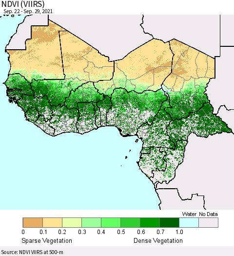 Western Africa NDVI (VIIRS) Thematic Map For 9/22/2021 - 9/29/2021