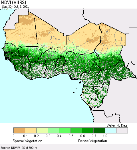 Western Africa NDVI (VIIRS) Thematic Map For 9/30/2021 - 10/7/2021