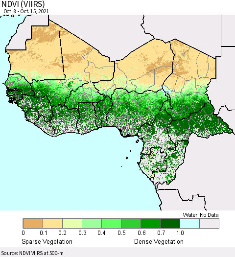 Western Africa NDVI (VIIRS) Thematic Map For 10/8/2021 - 10/15/2021