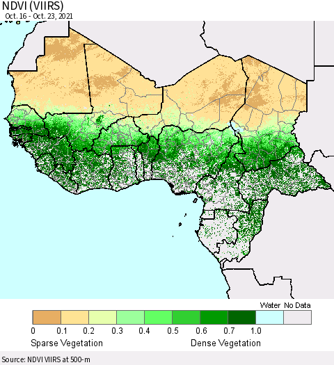 Western Africa NDVI (VIIRS) Thematic Map For 10/16/2021 - 10/23/2021