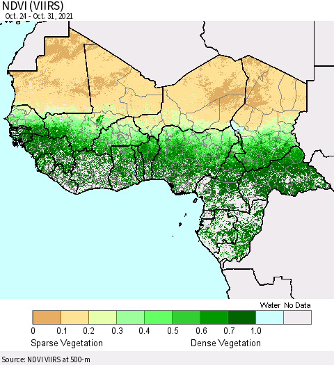 Western Africa NDVI (VIIRS) Thematic Map For 10/24/2021 - 10/31/2021