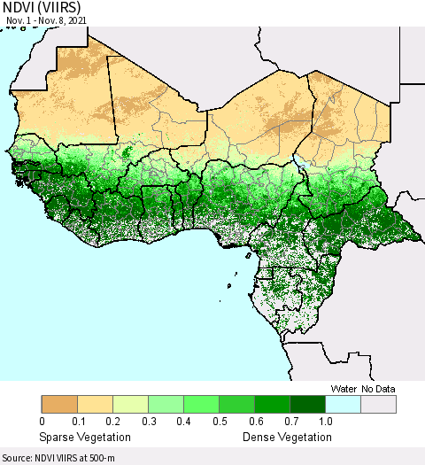 Western Africa NDVI (VIIRS) Thematic Map For 11/1/2021 - 11/8/2021
