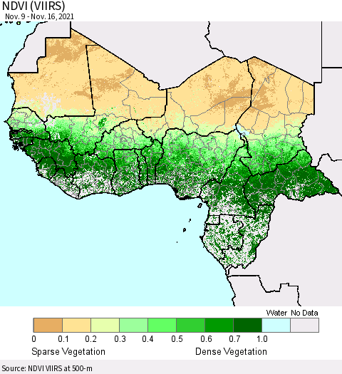 Western Africa NDVI (VIIRS) Thematic Map For 11/9/2021 - 11/16/2021