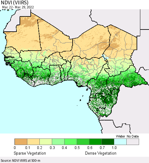 Western Africa NDVI (VIIRS) Thematic Map For 3/22/2022 - 3/29/2022