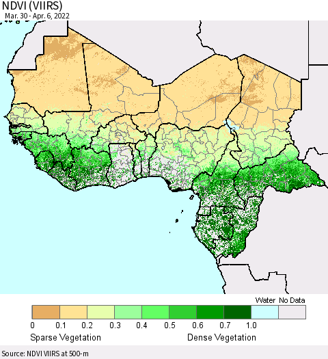 Western Africa NDVI (VIIRS) Thematic Map For 3/30/2022 - 4/6/2022
