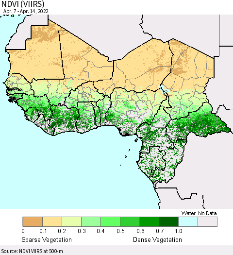 Western Africa NDVI (VIIRS) Thematic Map For 4/7/2022 - 4/14/2022