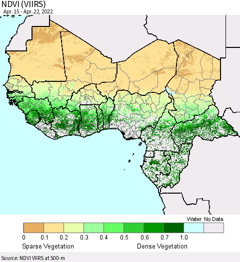Western Africa NDVI (VIIRS) Thematic Map For 4/15/2022 - 4/22/2022