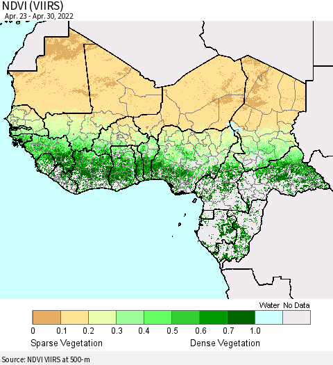 Western Africa NDVI (VIIRS) Thematic Map For 4/23/2022 - 4/30/2022
