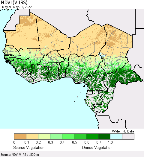 Western Africa NDVI (VIIRS) Thematic Map For 5/9/2022 - 5/16/2022
