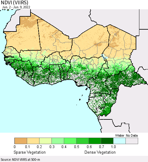 Western Africa NDVI (VIIRS) Thematic Map For 6/2/2022 - 6/9/2022