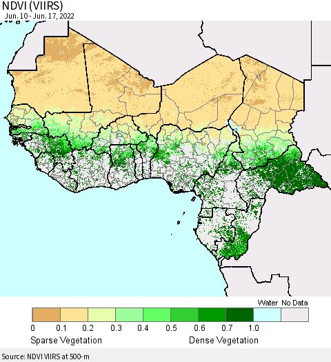 Western Africa NDVI (VIIRS) Thematic Map For 6/10/2022 - 6/17/2022