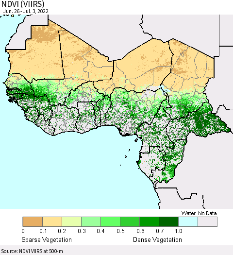 Western Africa NDVI (VIIRS) Thematic Map For 6/26/2022 - 7/3/2022