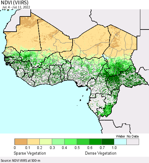 Western Africa NDVI (VIIRS) Thematic Map For 7/4/2022 - 7/11/2022