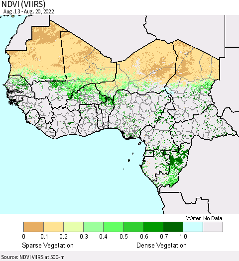 Western Africa NDVI (VIIRS) Thematic Map For 8/13/2022 - 8/20/2022
