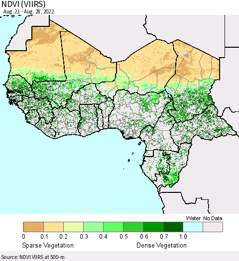 Western Africa NDVI (VIIRS) Thematic Map For 8/21/2022 - 8/28/2022