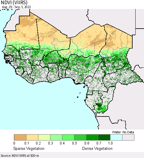 Western Africa NDVI (VIIRS) Thematic Map For 8/29/2022 - 9/5/2022