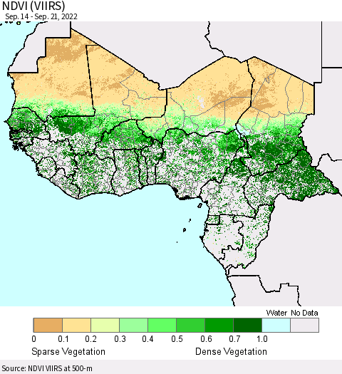 Western Africa NDVI (VIIRS) Thematic Map For 9/14/2022 - 9/21/2022