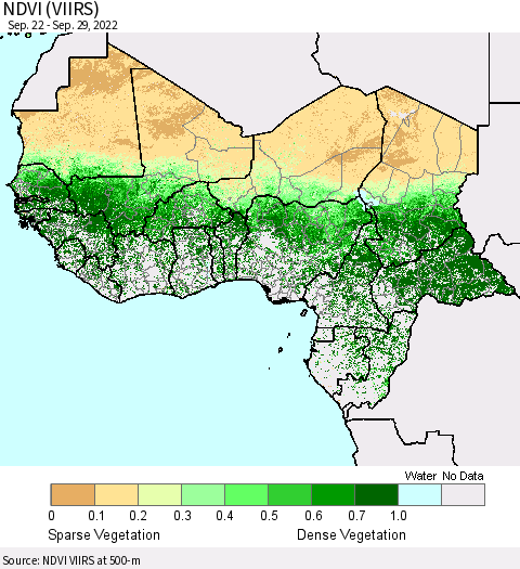 Western Africa NDVI (VIIRS) Thematic Map For 9/22/2022 - 9/29/2022