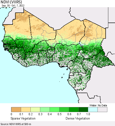 Western Africa NDVI (VIIRS) Thematic Map For 9/30/2022 - 10/7/2022