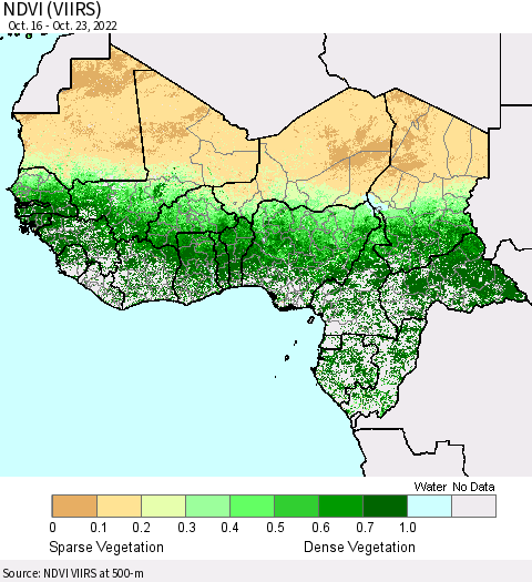 Western Africa NDVI (VIIRS) Thematic Map For 10/16/2022 - 10/23/2022