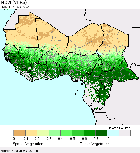 Western Africa NDVI (VIIRS) Thematic Map For 11/1/2022 - 11/8/2022