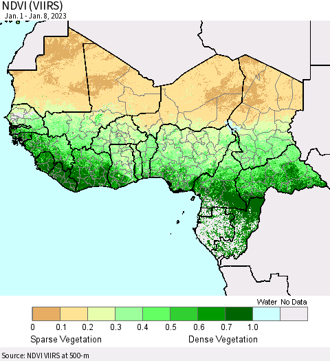 Western Africa NDVI (VIIRS) Thematic Map For 1/1/2023 - 1/8/2023