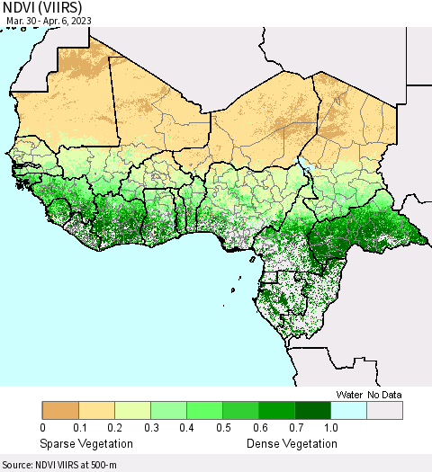 Western Africa NDVI (VIIRS) Thematic Map For 3/30/2023 - 4/6/2023
