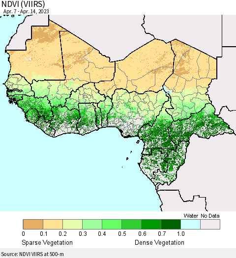 Western Africa NDVI (VIIRS) Thematic Map For 4/7/2023 - 4/14/2023
