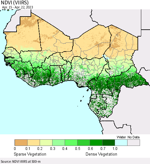 Western Africa NDVI (VIIRS) Thematic Map For 4/15/2023 - 4/22/2023