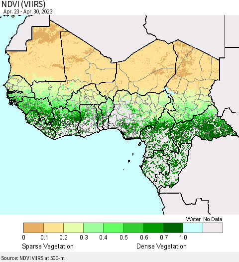 Western Africa NDVI (VIIRS) Thematic Map For 4/23/2023 - 4/30/2023