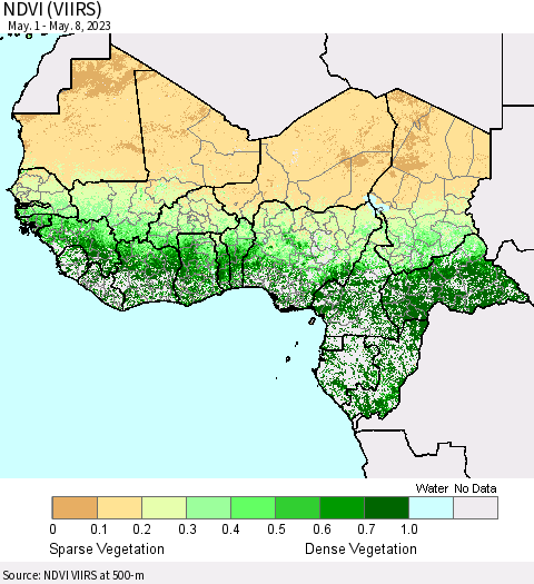 Western Africa NDVI (VIIRS) Thematic Map For 5/1/2023 - 5/8/2023
