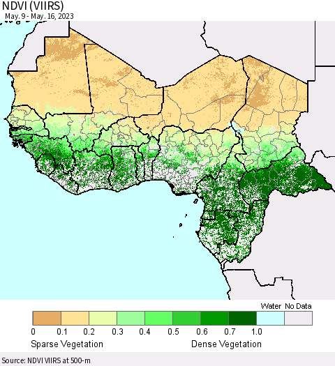 Western Africa NDVI (VIIRS) Thematic Map For 5/9/2023 - 5/16/2023
