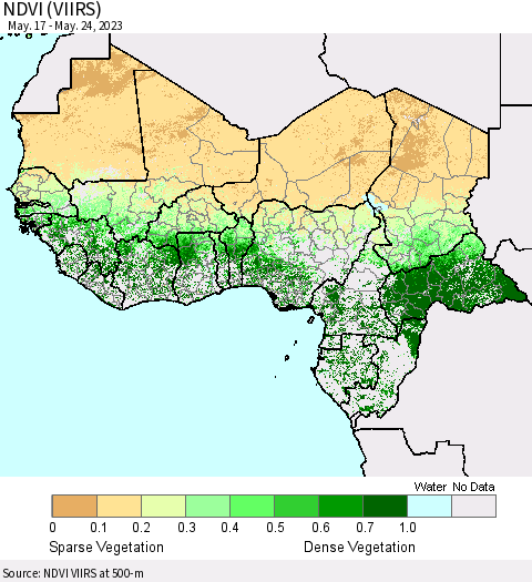 Western Africa NDVI (VIIRS) Thematic Map For 5/17/2023 - 5/24/2023