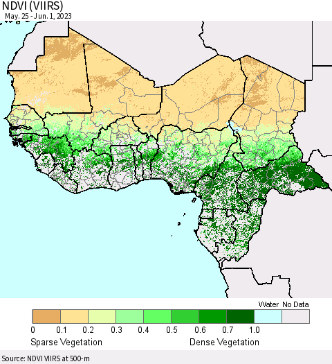 Western Africa NDVI (VIIRS) Thematic Map For 5/25/2023 - 6/1/2023