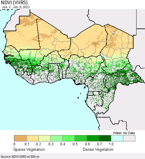 Western Africa NDVI (VIIRS) Thematic Map For 6/2/2023 - 6/9/2023