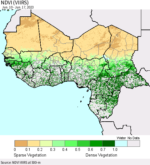 Western Africa NDVI (VIIRS) Thematic Map For 6/10/2023 - 6/17/2023