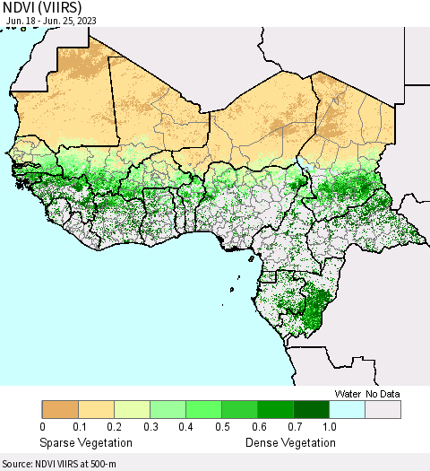 Western Africa NDVI (VIIRS) Thematic Map For 6/18/2023 - 6/25/2023