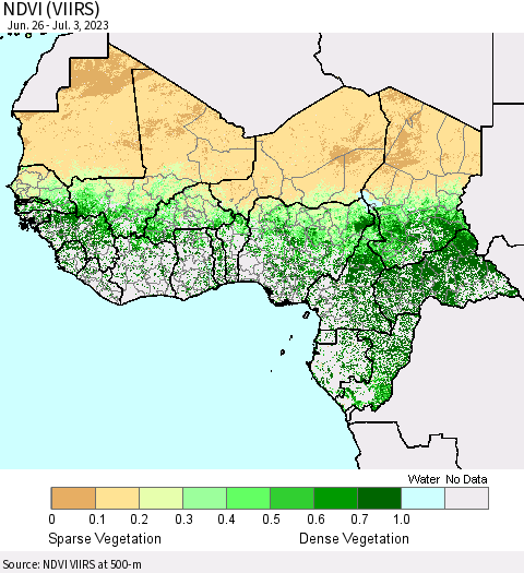 Western Africa NDVI (VIIRS) Thematic Map For 6/26/2023 - 7/3/2023