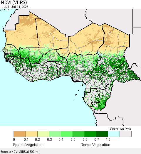 Western Africa NDVI (VIIRS) Thematic Map For 7/4/2023 - 7/11/2023