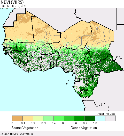 Western Africa NDVI (VIIRS) Thematic Map For 7/12/2023 - 7/19/2023