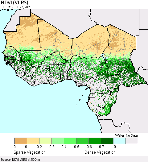 Western Africa NDVI (VIIRS) Thematic Map For 7/20/2023 - 7/27/2023
