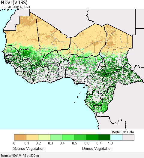 Western Africa NDVI (VIIRS) Thematic Map For 7/28/2023 - 8/4/2023