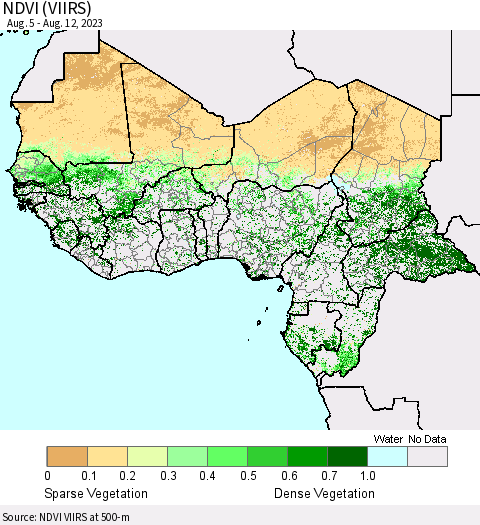 Western Africa NDVI (VIIRS) Thematic Map For 8/5/2023 - 8/12/2023